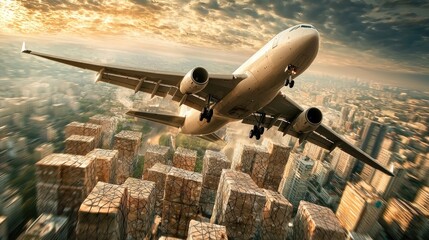 Commercial jet airliner soaring above urban landscape.