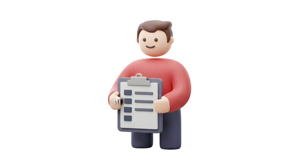 Obraz premium A cheerful 3D character holding a checklist ready to tackle tasks with a smile Ensuring on transparent background