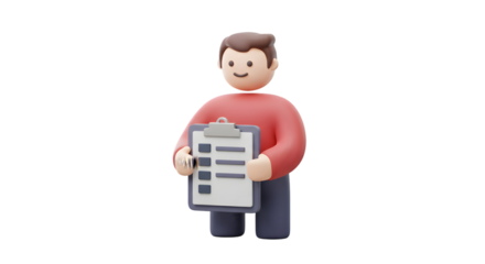 A cheerful 3D character holding a checklist ready to tackle tasks with a smile Ensuring on transparent background