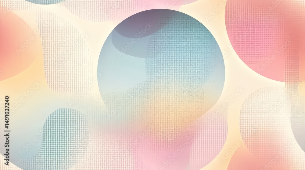 Poster pastel colored circles and subtle patterns on a light background.