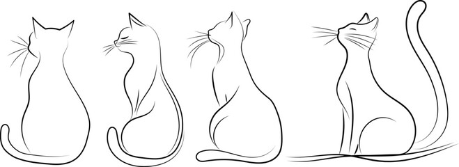 set of cats sitting line drawing on white background, vector