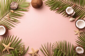 Palm leaves coconuts and seashells frame a pink background creating a tropical vibe.