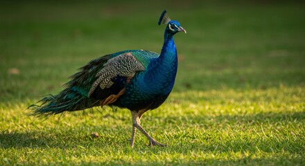 Fototapeta premium Majestic peafowl strolling across the lush green lawn on a sunny day