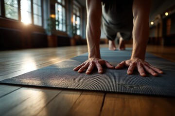 Male fitness enthusiast performing push-up exercise on yoga mat in spacious studio with wooden floor and large windows, showcasing strength and dedication to physical health