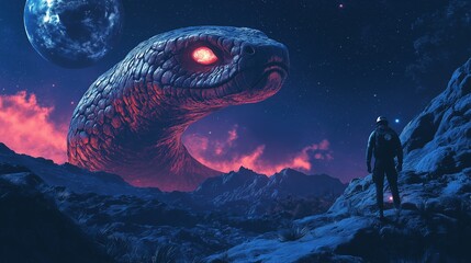 Mysterious giant serpent dominates alien landscape under night sky with celestial and a lone astronaut