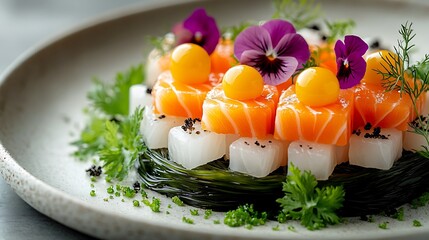 Exquisite Salmon Tartare With White Fish And Edible Flowers High Resolution Photo