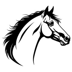 horse head detailed silhouette with natural mane flow and alert expression artistic vector for wildlife art, equestrian events, ranch branding, and animal welfare