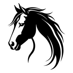 horse head silhouette with elegant flowing mane and noble profile vector design for animal logos, horse racing events, nature conservation, and western artwork