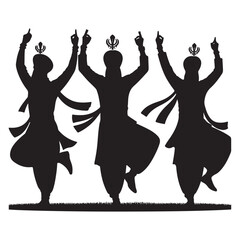 Joyful Sikh Men Dancing Bhangra Silhouette Vector Illustration Design