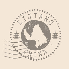 Stamp Postal of Lijiang is city of China. Map Silhouette rubber Seal.  Design Retro Travel. Seal  Map of Lijiang grunge  for your design. China. EPS10