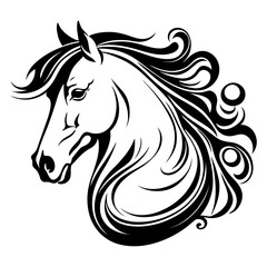 side profile of horse head with expressive eyes and wavy mane detailed vector silhouette ideal for equestrian branding wildlife art and rustic design themes