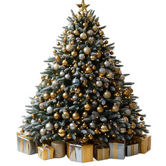Decorated christmas tree with gifts and gold ornaments holiday season image on transparent background