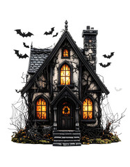 Detailed Illustration of A Gothic House with Glowing Windows and Bats Against Transparent Background