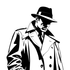 classic detective vector silhouette half body portrait with intense gaze and fedora hat perfect for mystery novels detective agency branding and crime art