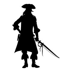classic pirate silhouette standing confidently with sword and hat detailed vector perfect for adventure themes, treasure hunting, and historic character art