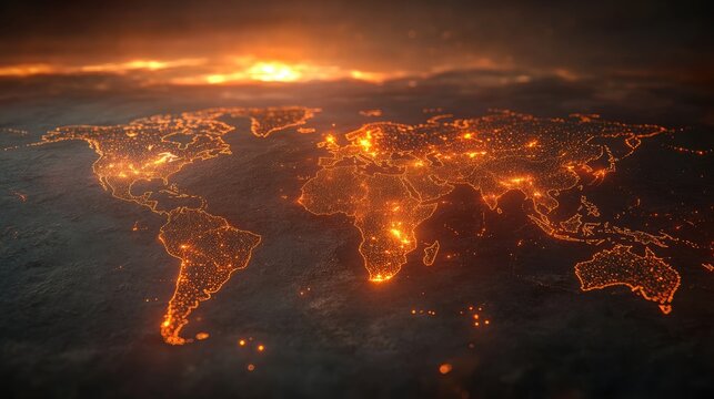 Global illuminated world map, showcasing city lights at night.