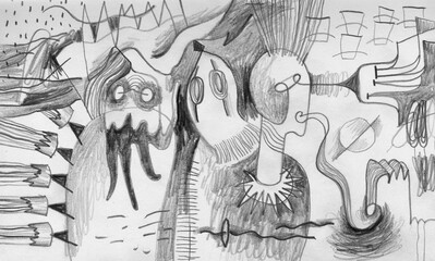 Surreal pencil drawing with mystical creatures and subconscious symbols. Abstract art exploring dreams, occult, and inner psyche with expressive naive lines and psychological depth.