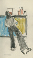 Woman choosing food in cafe fridge. Color pencil sketch with naive style, bold strokes, and simple lines. Cozy everyday scene in modern coffee shop interior with drinks and desserts.