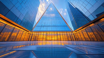 Fototapeta premium Modern glass skyscrapers at sunset, reflecting in plaza.