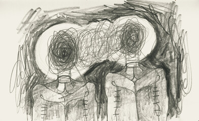 Surreal pencil drawing with mystical creatures and subconscious symbols. Abstract art exploring dreams, occult, and inner psyche with expressive naive lines and psychological depth.