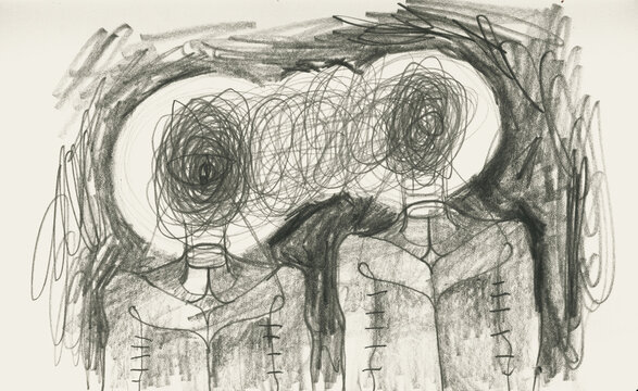 Surreal pencil drawing with mystical creatures and subconscious symbols. Abstract art exploring dreams, occult, and inner psyche with expressive naive lines and psychological depth.