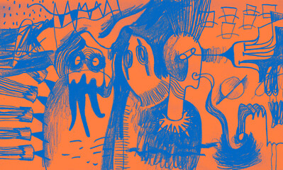 Surreal pencil drawing with mystical creatures and subconscious symbols. Abstract art exploring dreams, occult, and inner psyche with expressive naive lines and psychological depth.