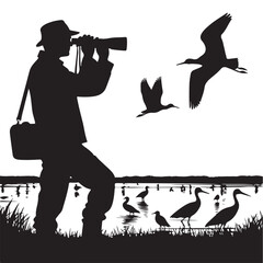 Birdwatcher Silhouette Illustration Observing Wildlife in Natural Habitat