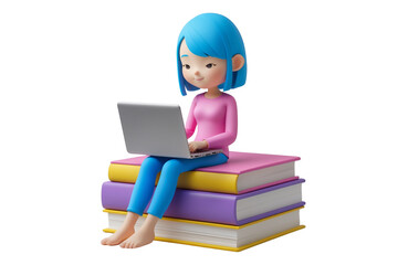3d render of girl studying on stack of books with laptop