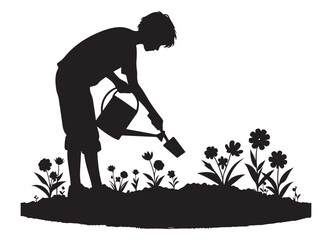 Silhouette of Child Gardening Watering Flowers Cultivating Home Garden Project