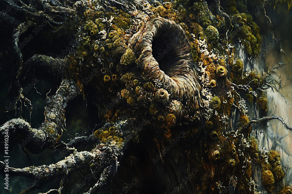 Poster close up of a tree trunk with a hole covered in moss and lichen in a dark and mysterious forest