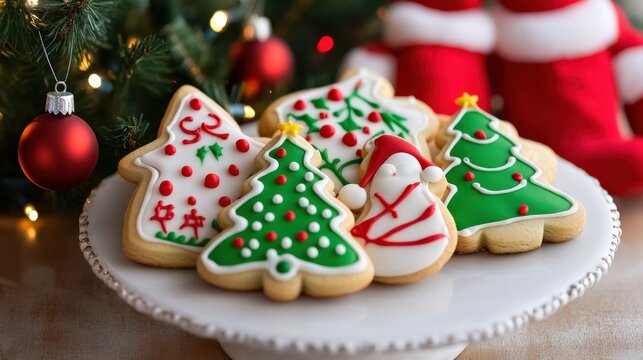Festive Christmas cookies decorated with icing.