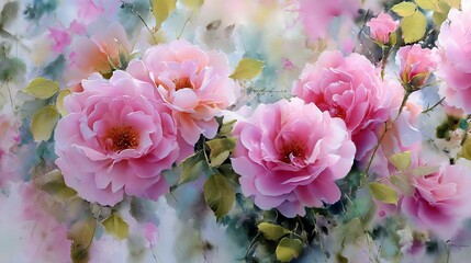 Beautiful Pink Roses Watercolor Painting Floral Art Romantic Delicate Soft Blossom Flowers Nature Spring Summer Botanical         