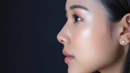 Fototapeta premium Close-up profile view of a woman's radiant complexion.