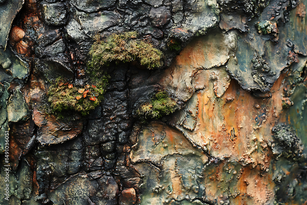 Poster close up of textured tree bark with moss and lichen showing natural patterns and textures surface
