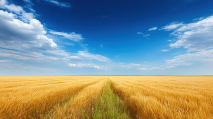 Obraz premium A vast field of golden wheat stretches towards the horizon, meeting a bright blue sky dotted with fluffy white clouds on a sunny summer day in the countryside.