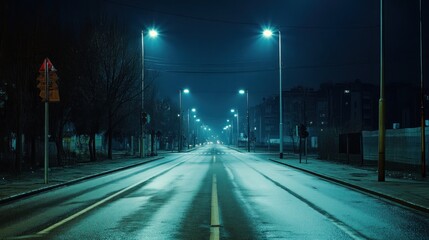 Atmospheric night scene with long illuminated urban street and wet pavement