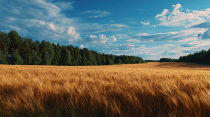 Fototapeta premium Golden wheat field stretches to the horizon under a partly cloudy blue sky, bordered by green trees on a sunny summer day, creating a scenic landscape view.