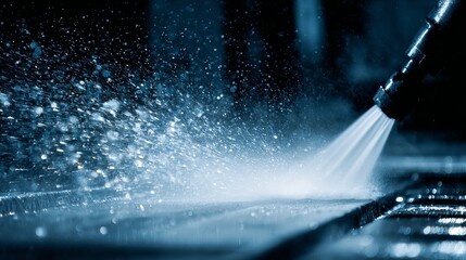 High Pressure Water Jet Cleaning Industrial Surface Powerful Spray Cleaning Process Technology Detailed Water Droplets Splashing  