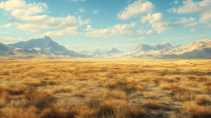 Fototapeta premium Serene landscape of golden grassland stretching toward majestic mountains