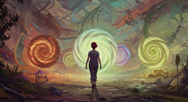 Surreal human figure walking through a series of glowing time portals, abstract concept of journey, memory, eras, and the passage of time through multidimensional space