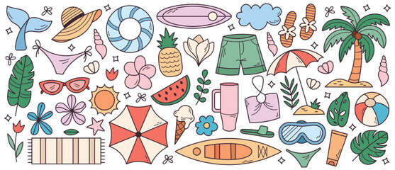 Colorful hand-drawn beach items in doodle cartoon style. Bright and fun summer set featuring swimwear, cocktails, umbrellas, flip flops, and more. Ideal for social media graphics, vacation printables