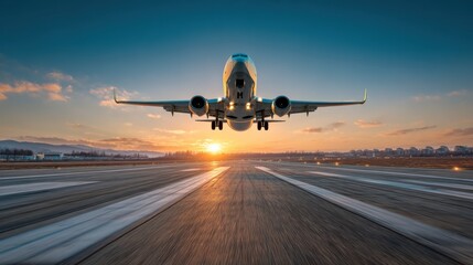 Naklejka premium Airplane Taking Off at Sunset, Representing Travel and Global Business, With a Sense of Adventure and New Beginnings : Generative AI
