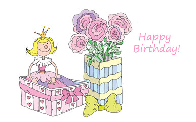 Birthday illustration featuring a cute doll, heart-decorated gift box, bouquet of pink roses and Happy Birthday message, greeting cards, birthday invitations, posters for kids, or nursery art