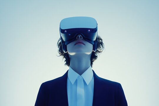 A low-angle shot of a woman in a suit wearing a VR headset, looking up, against a pale blue background.