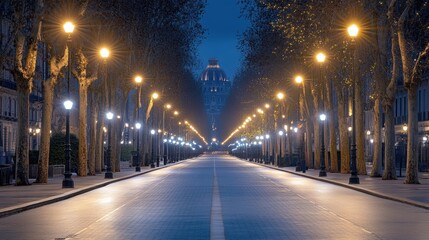 Illuminated avenue leading to a grand building, showcasing urban elegance at night