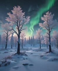 Naklejka premium Frozen Arctic trees, ice cap, aurora borealis shimmering , ice, blue, northern lights