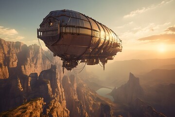 Obraz premium Steampunk airship over majestic canyons at sunset