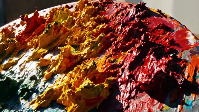 Vibrant artist's palette filled with thick dabs of assorted paint colors in rainbow arrangement, abstract art close-up texture, painting.