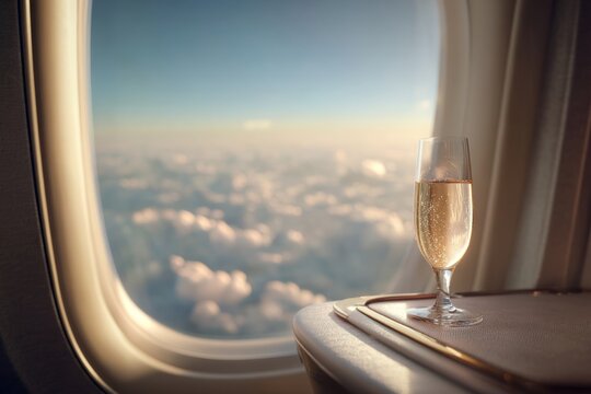 Luxury airplane window with a mini table holding a glass of champagne in elegant first class setting and soft ambient lighting.