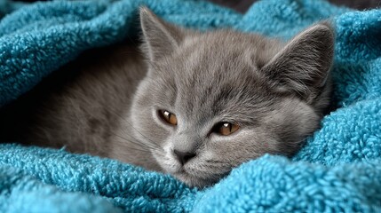 Adorable Gray British Shorthair Kitten Sleeping Soft Blue Cozy Blanket Peaceful Restful Fluffy Fur Sweet Dream Cat pet nap pet    